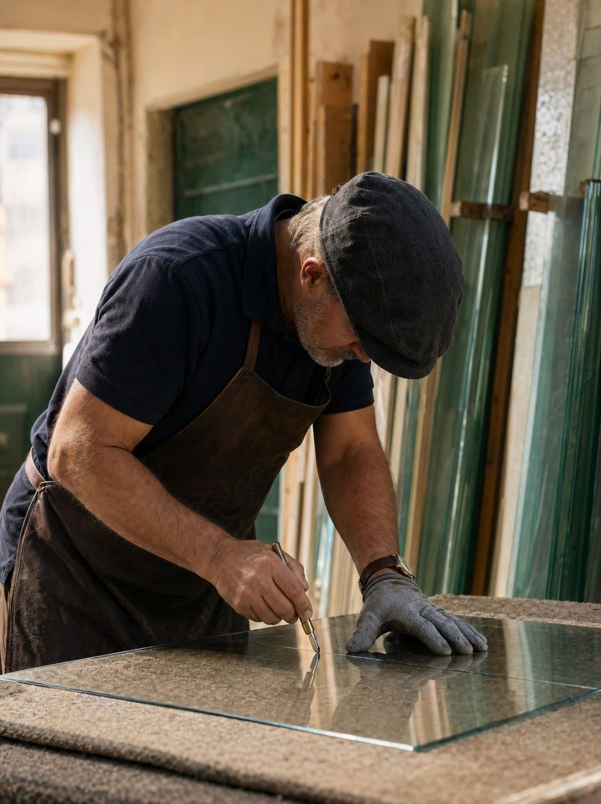 Mahmut Koca, Geschäftsführer von MK Glas, beim Glaszuschnitt in der Werkstatt Hickelgasse 20, 1140 Wien